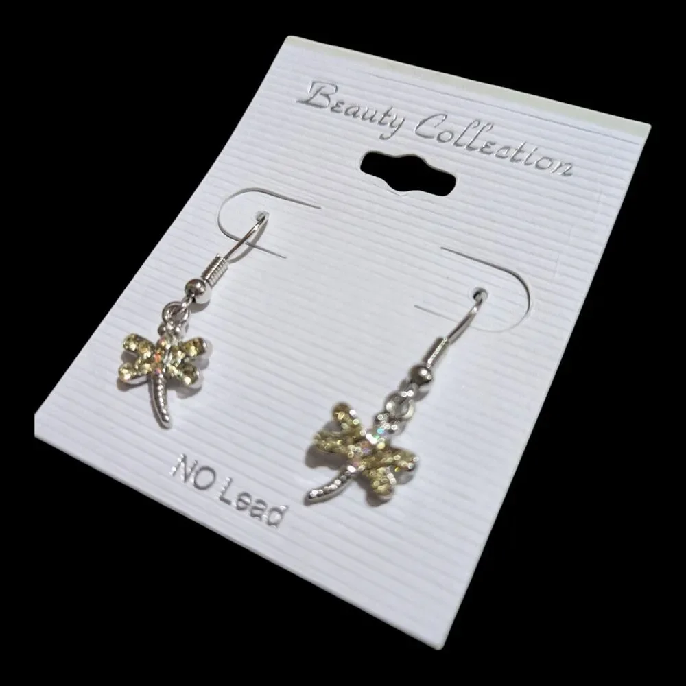 Silver Dragonfly Dangle Earrings Rhinestone Sparkle No Lead